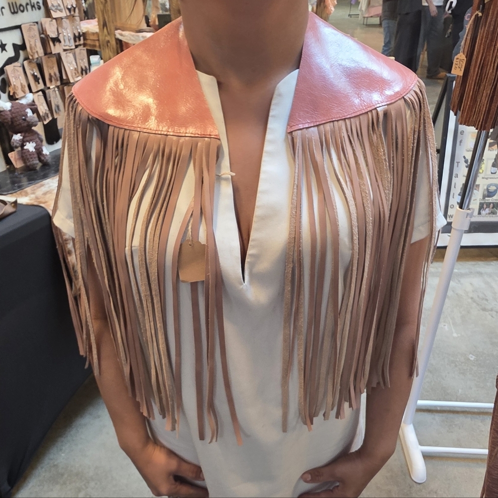 Pink Leather Fringe Shawl / Western Cowgirl Statement Piece